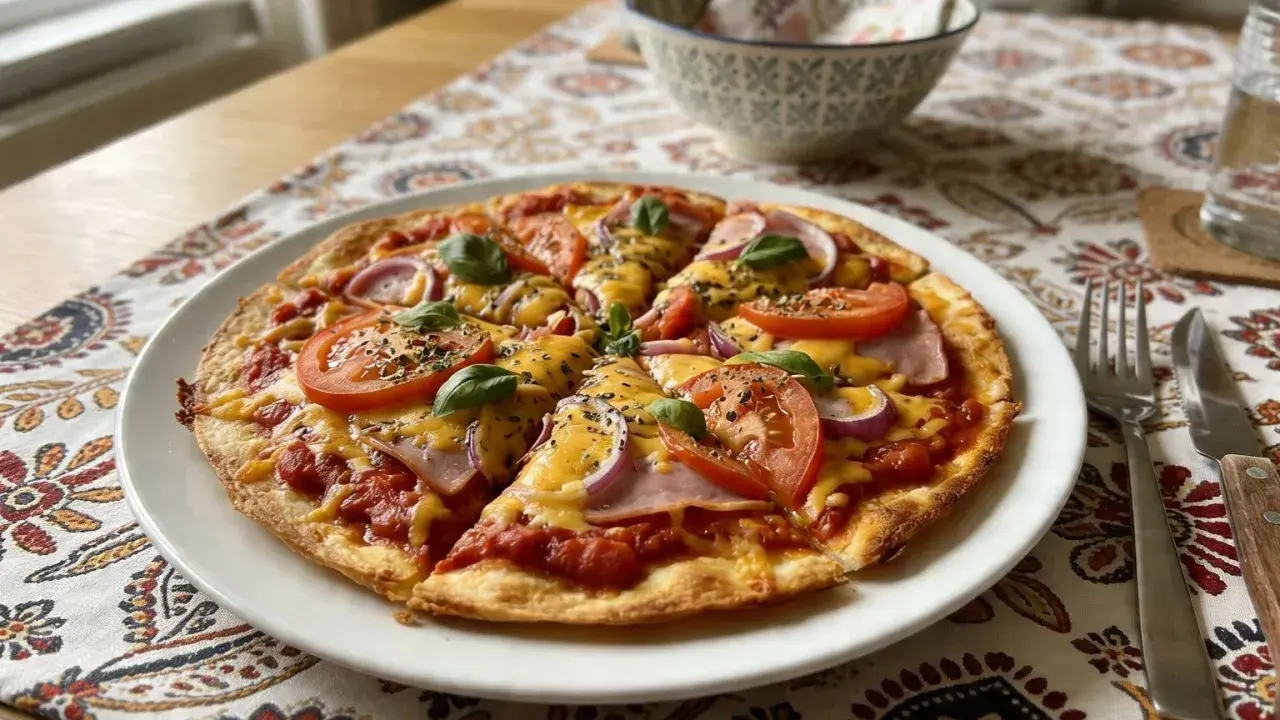 Pyszna pizza z tortilli z pomidorami, cebulą, szynką i serem, udekorowana bazylią. Idealna na szybki obiad.