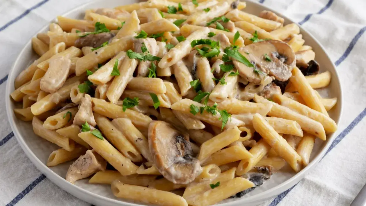 Penne z kurczakiem i pieczarkami w kremowym sosie, posypane natką pietruszki. Pyszne danie makaronowe.