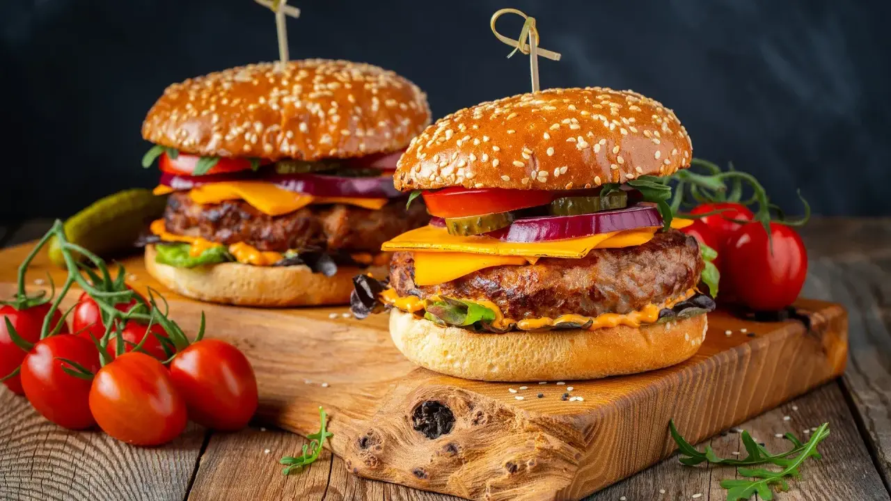 Dwa soczyste burgery z idealnie wysmażonym mięsem na burgera, serem, warzywami i sezamową bułką, podane na drewnianej desce z pomidorkami koktajlowymi.