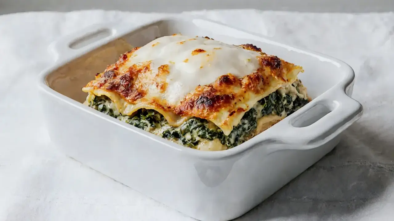 Pyszne lasagne ze szpinakiem, zapieczone pod złotą warstwą sera, w białej ceramicznej formie.