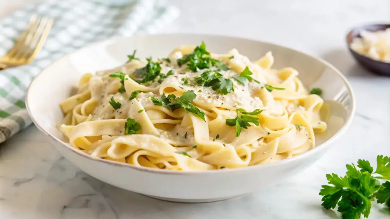 Pyszny makaron z pieczarkami w kremowym sosie, posypany świeżą natką pietruszki i parmezanem. Idealny na szybki obiad.
