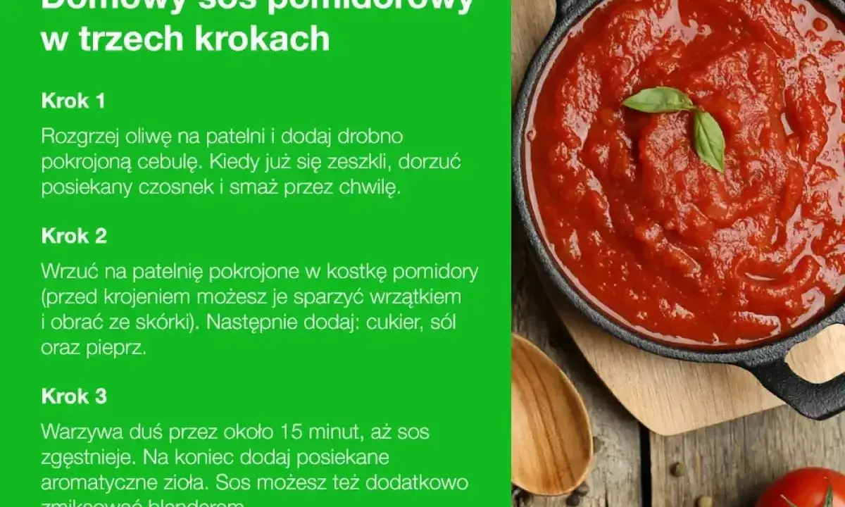 Aksamitny, domowy sos pomidorowy, idealny do makaronu. Przygotowany z pomidorów, cebuli i czosnku, doprawiony ziołami.