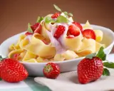 Pappardelle z kremowym sosem i świeżymi truskawkami, ozdobione listkami mięty. Letnia uczta z makaronem i truskawkami.