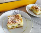 Pyszne ciasto z rabarbarem i budyniem, posypane cukrem pudrem, czeka na talerzyku. Idealne na deser!