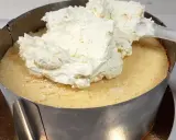 Nakładanie puszystego kremu z mascarpone na biszkopt w tortownicy.