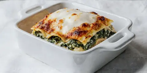 Pyszne lasagne ze szpinakiem, zapieczone pod złotą warstwą sera, w białej ceramicznej formie.
