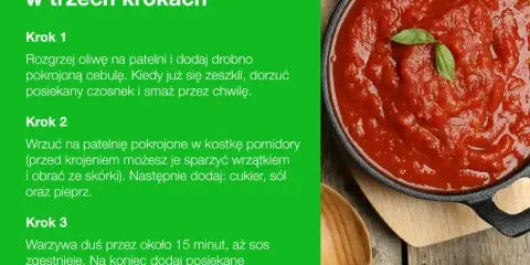 Aksamitny, domowy sos pomidorowy, idealny do makaronu. Przygotowany z pomidorów, cebuli i czosnku, doprawiony ziołami.