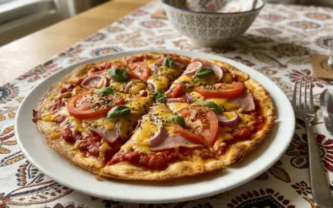 Pyszna pizza z tortilli z pomidorami, cebulą, szynką i serem, udekorowana bazylią. Idealna na szybki obiad.
