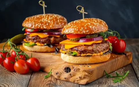 Dwa soczyste burgery z idealnie wysmażonym mięsem na burgera, serem, warzywami i sezamową bułką, podane na drewnianej desce z pomidorkami koktajlowymi.
