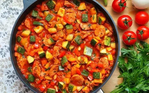 Pyszne leczo Ania gotuje w głębokiej patelni. Widać kawałki cukinii, papryki, kiełbasy i pomidorów w aromatycznym sosie.