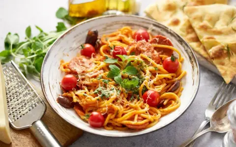 Pyszny makaron z chorizo, pomidorkami koktajlowymi i świeżą bazylią, posypany parmezanem. Idealny na szybki obiad.