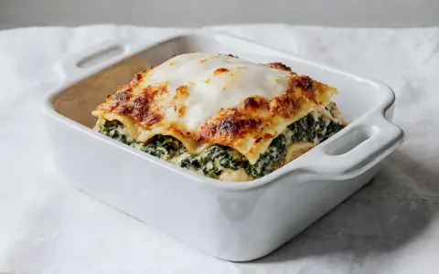 Pyszne lasagne ze szpinakiem, zapieczone pod złotą warstwą sera, w białej ceramicznej formie.