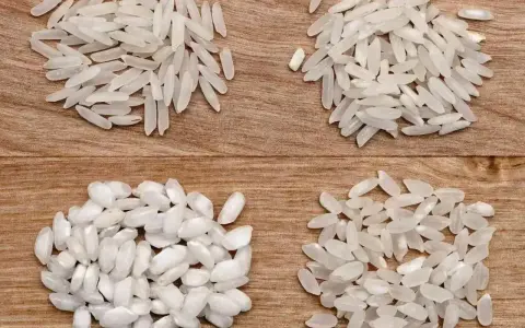 Cztery rodzaje ryżu do risotto ułożone na drewnianym tle.