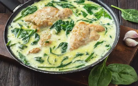 Pyszny kurczak ze szpinakiem w kremowym sosie, podany na patelni. Aromatyczne danie, które zachwyci każdego.