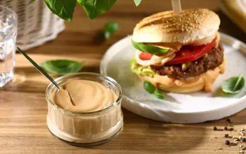Pyszny sos do hamburgerów w słoiczku, obok soczystego burgera z dodatkami. Idealny do każdej kanapki.