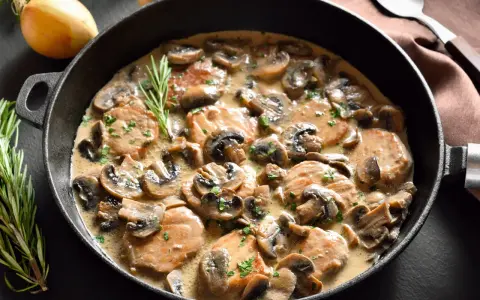 Schab w sosie pieczarkowym, podany w żeliwnej patelni, ozdobiony rozmarynem i natką pietruszki. Obok leży cebula i pieczarki.
