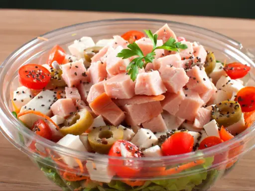 Pyszna sałatka z wędzonym kurczakiem, pomidorkami koktajlowymi, oliwkami i serem feta, posypana czarnuszką.