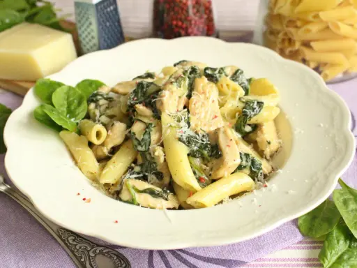 Penne z kurczakiem i szpinakiem w kremowym sosie, posypane parmezanem. Pyszne danie, które zachwyci każdego.