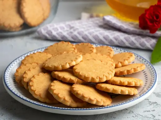 Stos ciasteczek na talerzu, idealnych do kawy. Prosty przepis na ciasteczka, który każdy może wypróbować.