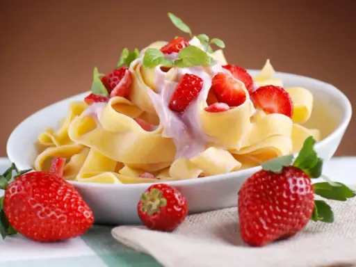 Pappardelle z kremowym sosem i świeżymi truskawkami, ozdobione listkami mięty. Letnia uczta z makaronem i truskawkami.