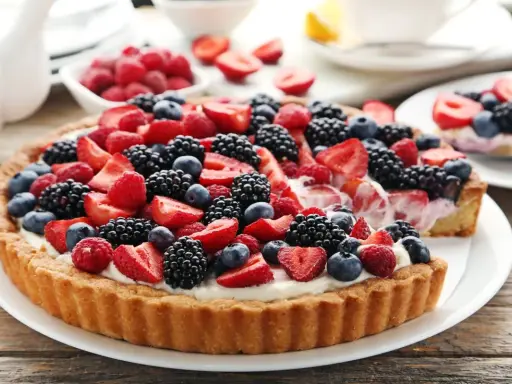 Pyszna tarta z mascarpone, udekorowana malinami, jeżynami i borówkami.