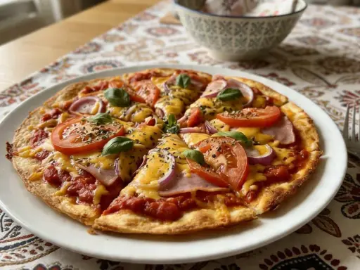 Pyszna pizza z tortilli z pomidorami, cebulą, szynką i serem, udekorowana bazylią. Idealna na szybki obiad.