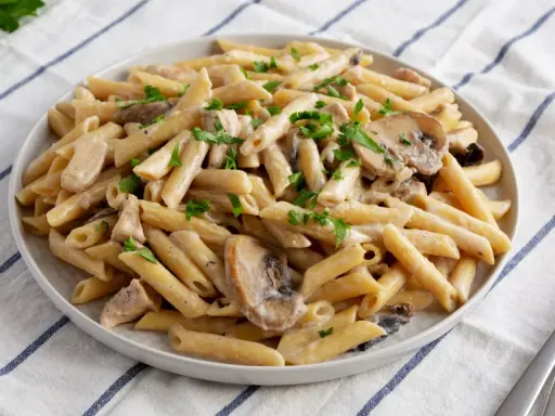 Penne z kurczakiem i pieczarkami w kremowym sosie, posypane natką pietruszki. Pyszne danie makaronowe.