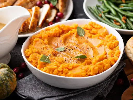 Aksamitne puree z batata, ozdobione listkami ziół, stanowi centralny punkt świątecznego stołu. Obok pieczony indyk, fasolka szparagowa i bułeczki.