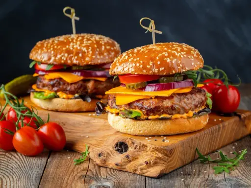 Dwa soczyste burgery z idealnie wysmażonym mięsem na burgera, serem, warzywami i sezamową bułką, podane na drewnianej desce z pomidorkami koktajlowymi.