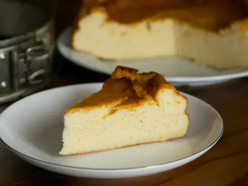 Puszysty sernik z mlekiem skondensowanym, z lekko zarumienioną skórką, na talerzyku. Obok forma do pieczenia.