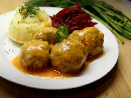 Pyszne pulpety w sosie pomidorowym, podane z puree ziemniaczanym, buraczkami i zielonymi warzywami.