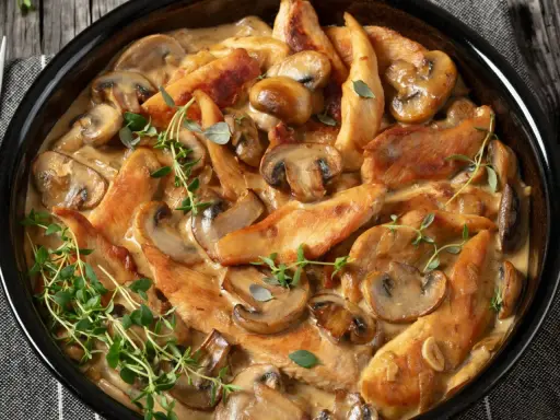 Pyszne polędwiczki z kurczaka w kremowym sosie z pieczarkami, udekorowane świeżym tymiankiem.