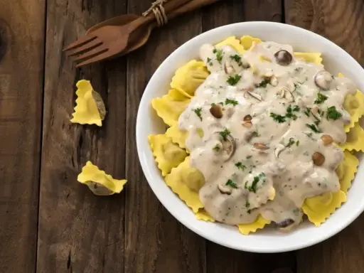 Pyszne ravioli w kremowym sosie śmietanowym z grzybami i natką pietruszki. Idealny sos śmietanowy do makaronu.