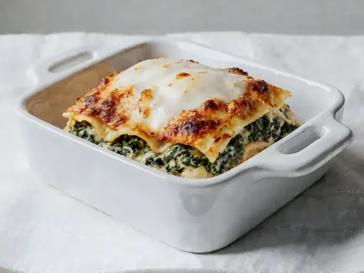 Pyszne lasagne ze szpinakiem, zapieczone pod złotą warstwą sera, w białej ceramicznej formie.