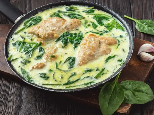 Pyszny kurczak ze szpinakiem w kremowym sosie, podany na patelni. Aromatyczne danie, które zachwyci każdego.