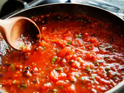 Gęsty, aromatyczny sos do spaghetti gotuje się na patelni. Drewniana łyżka miesza pomidorową masę z ziołami.
