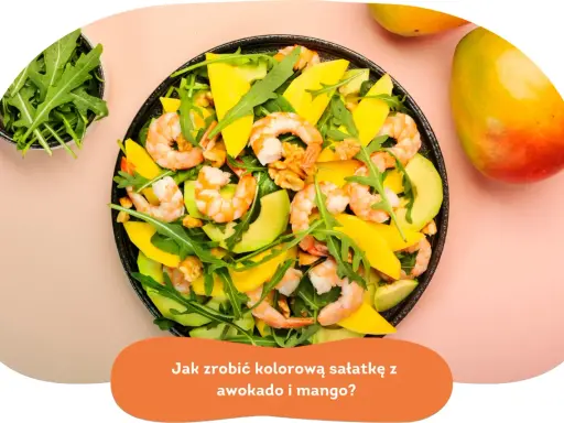 Kolorowa sałatka z awokado, krewetkami i mango. Aromatyczna rukola i orzechy dodają jej charakteru.