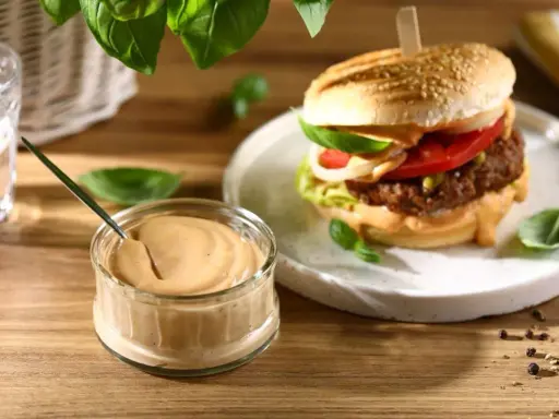 Pyszny sos do hamburgerów w słoiczku, obok soczystego burgera z dodatkami. Idealny do każdej kanapki.