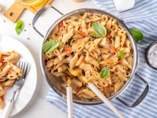 Penne z kremowym sosem, kawałkami suszonych pomidorów i świeżą bazylią. Danie wygląda apetycznie i jest gotowe do podania.