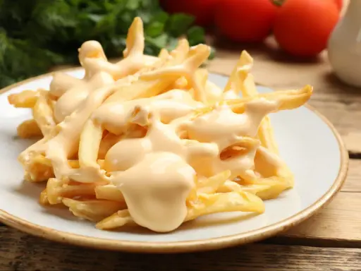 Chrupiące frytki z airfryer polane kremowym sosem serowym. Idealna przekąska, która rozpływa się w ustach.