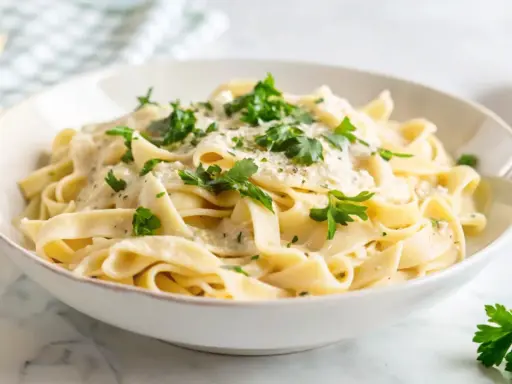 Pyszny makaron z pieczarkami w kremowym sosie, posypany świeżą natką pietruszki i parmezanem. Idealny na szybki obiad.
