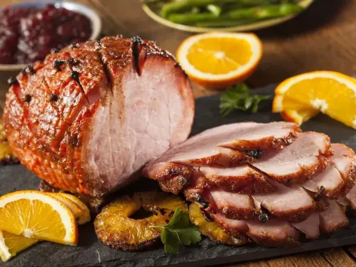 Pieczona szynka z pomarańczą i ananasem, idealna do świątecznego stołu. Marynata do szynki nadała jej piękny kolor i aromat.