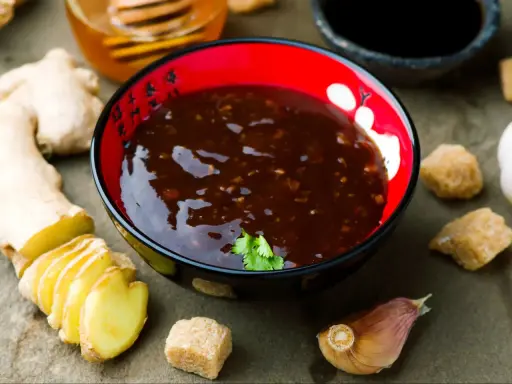 Miseczka z sosem teriyaki, obok świeży imbir, czosnek i cukier. Idealne składniki do przygotowania domowego sosu teriyaki.