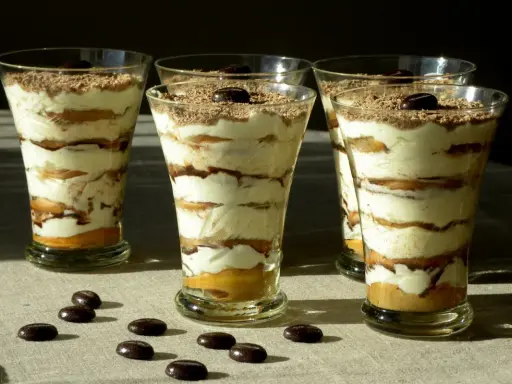 Pyszne tiramisu w pucharkach, warstwowo ułożone z kremem i biszkoptami, posypane czekoladą i kawą.