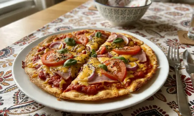 Pyszna pizza z tortilli z pomidorami, cebulą, szynką i serem, udekorowana bazylią. Idealna na szybki obiad.