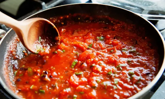 Gęsty, aromatyczny sos do spaghetti gotuje się na patelni. Drewniana łyżka miesza pomidorową masę z ziołami.