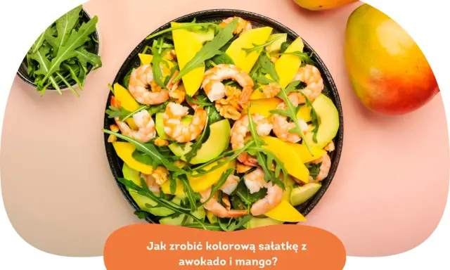 Kolorowa sałatka z awokado, krewetkami i mango. Aromatyczna rukola i orzechy dodają jej charakteru.