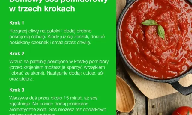Aksamitny, domowy sos pomidorowy, idealny do makaronu. Przygotowany z pomidorów, cebuli i czosnku, doprawiony ziołami.