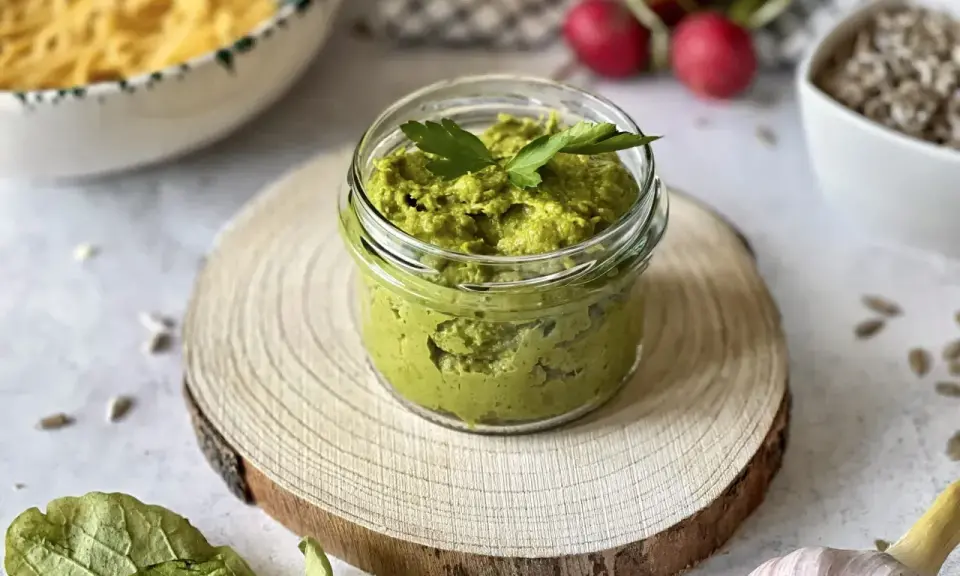Pesto z liści rzodkiewki w słoiczku, ozdobione natką pietruszki. Obok makaron, rzodkiewki i czosnek.