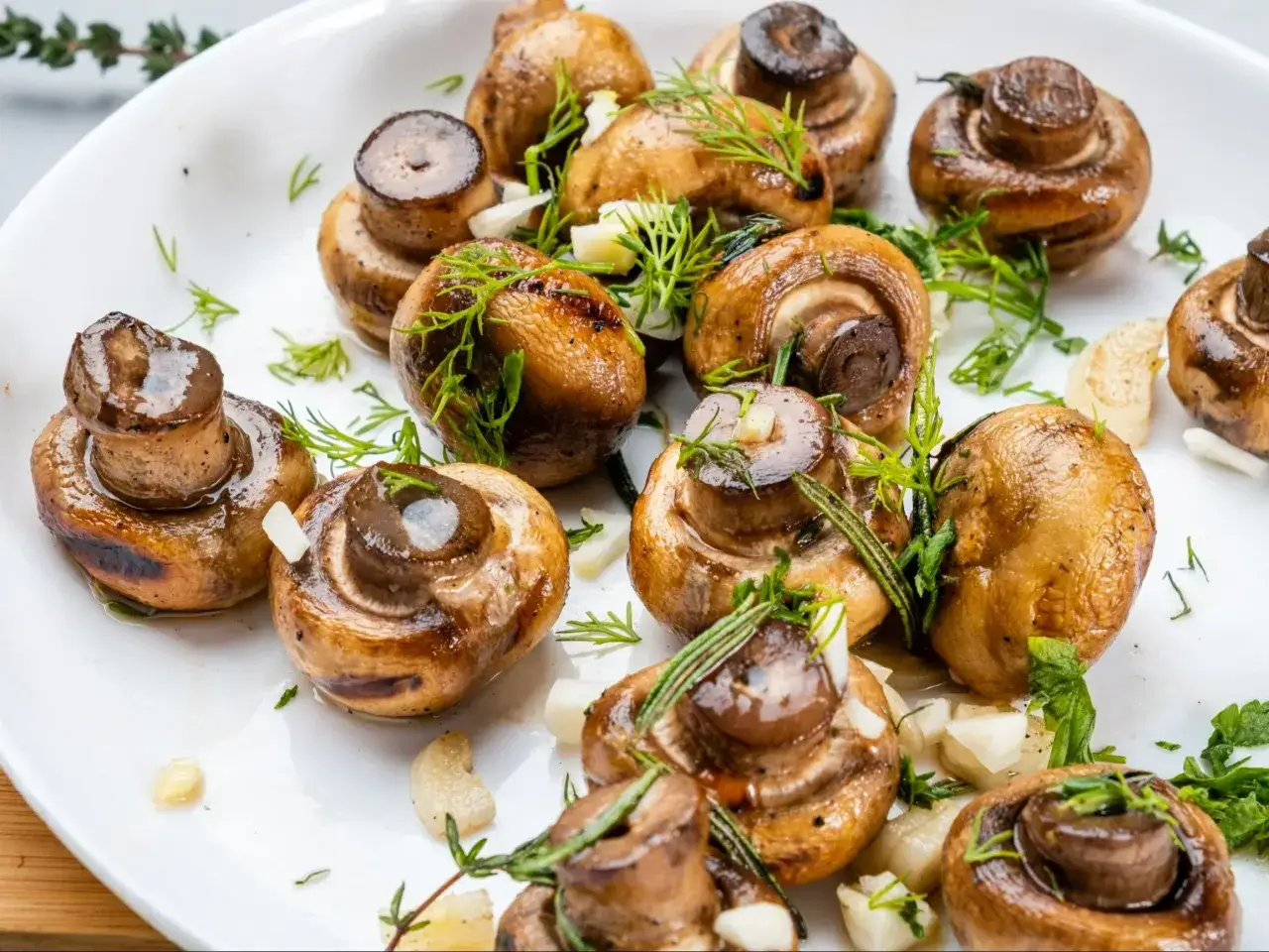 Aksamitne pieczarki z grilla, skąpane w aromatycznym sosie, ozdobione świeżym koperkiem i posiekaną cebulką. Idealna przekąska na letnie wieczory.